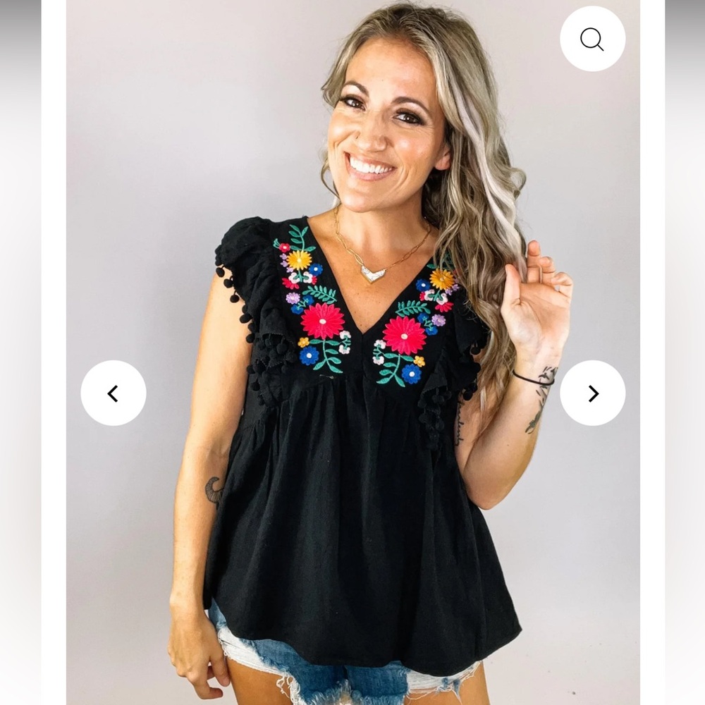 Umgee Black Top with Colorful Floral Embroidery